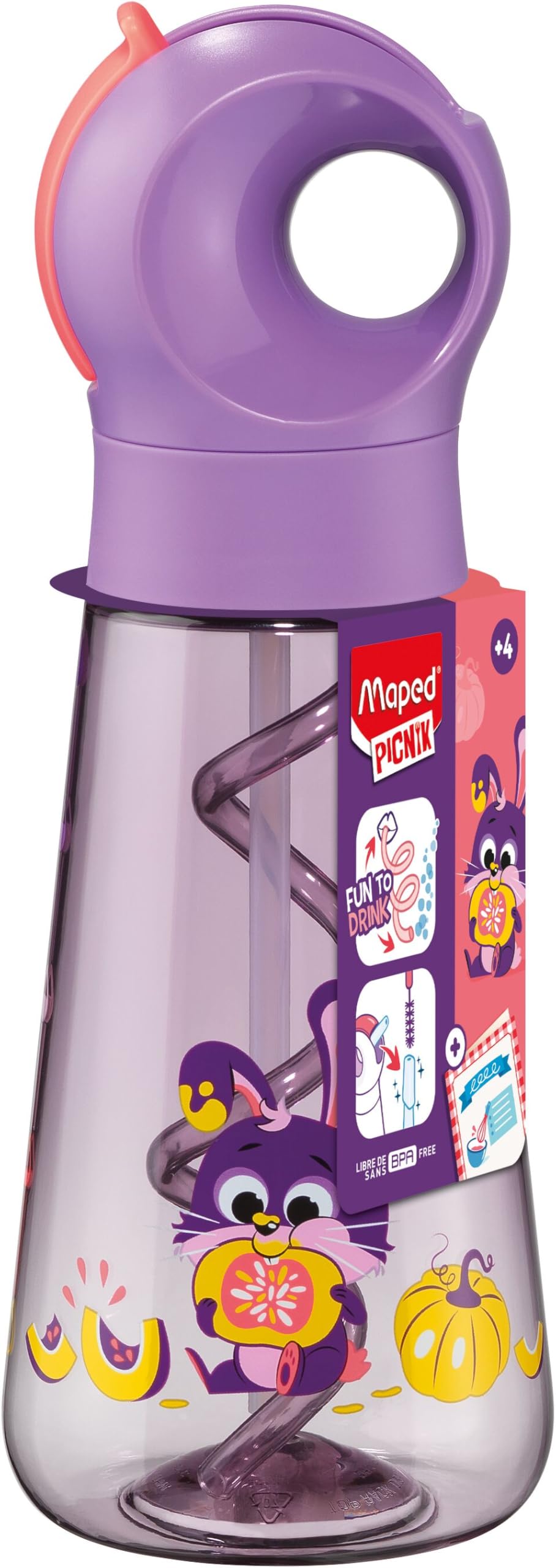 Maped Picnik - Ecozen Neon Purple Rabbit Water Bottle - Built-in Bubble Straw - Easy Manual Opening - Integrated Handle, Leak-Proof Water Bottle - 500ml