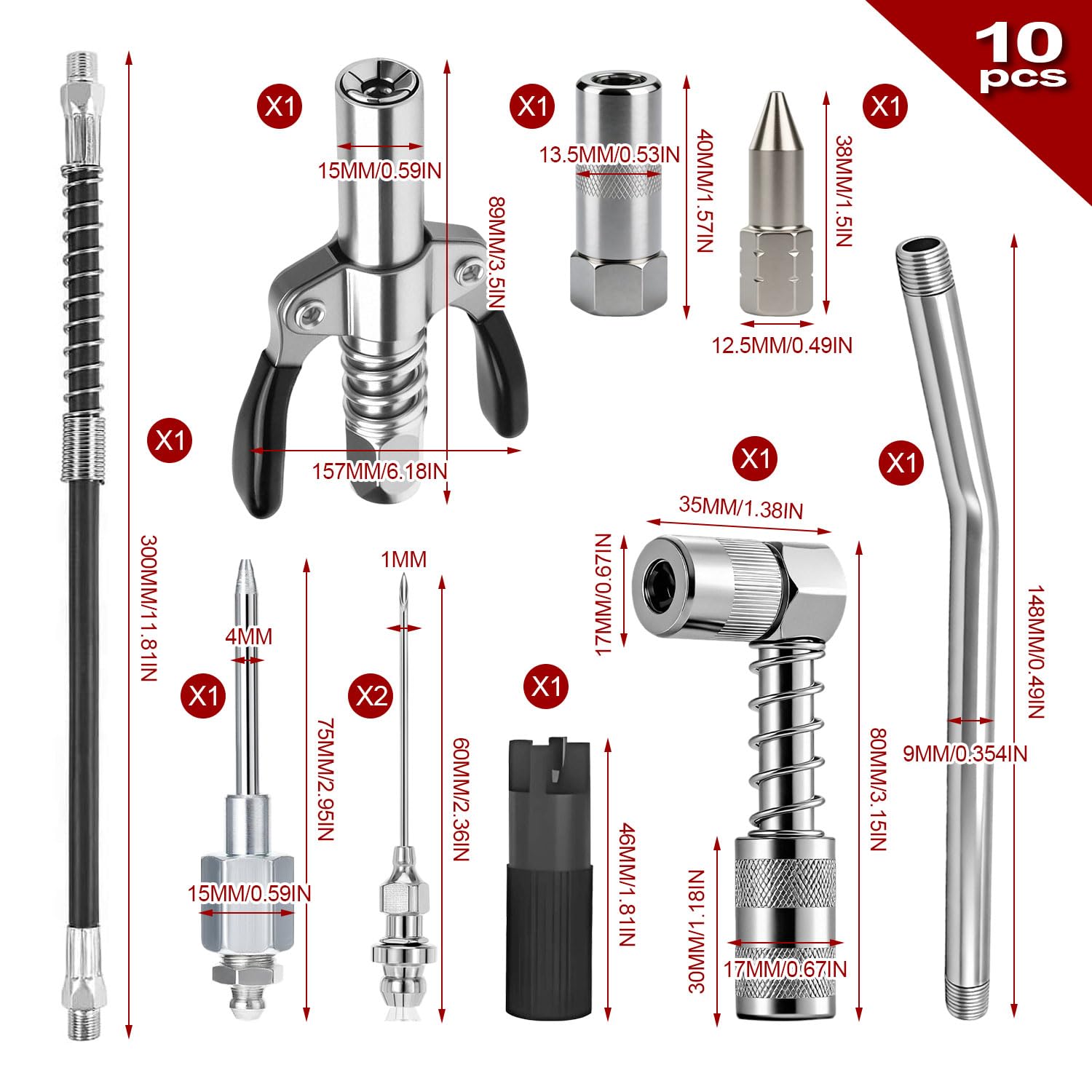 Kit 10 Testina Ingrassatore Professionale Accoppiatore Autobloccante a Doppia Impugnatura, Ugello a 90°, Tubo Flessibile da 30 CM Compatibile con Ingrassatore Manuale, Elettrici e Pneumatici