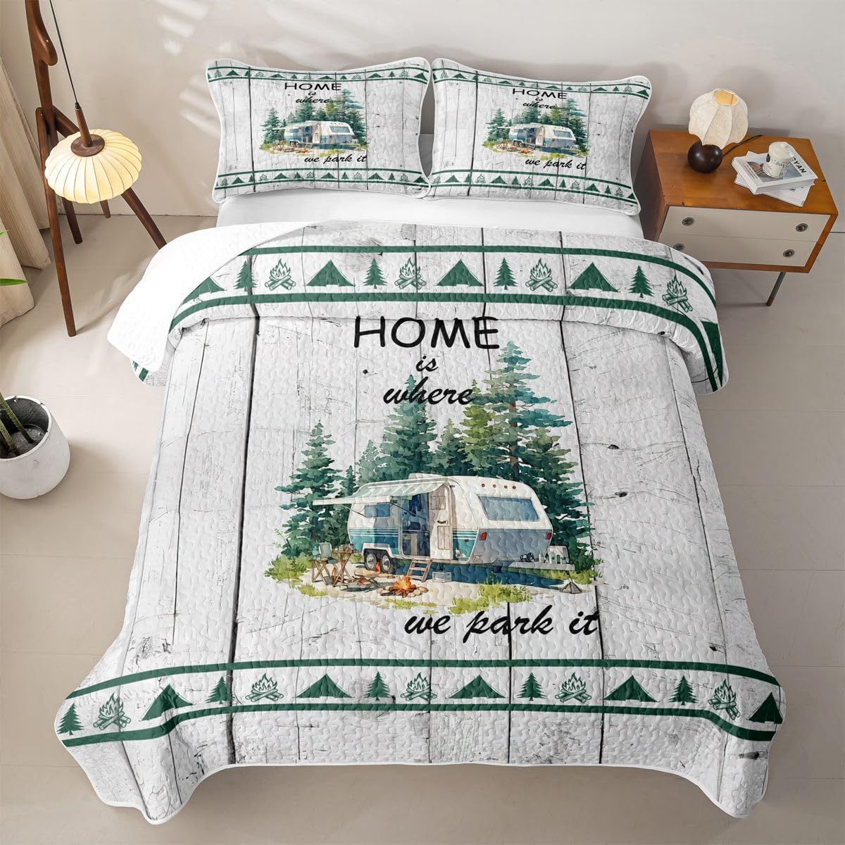 Erosebridal Camping Decor Quilt Set Queen Size for Kids Camper Campground Bedspread Coverlet Modern Leaves Quilted Blanket Mountain Adventure Theme Bedding Set for All Seasons