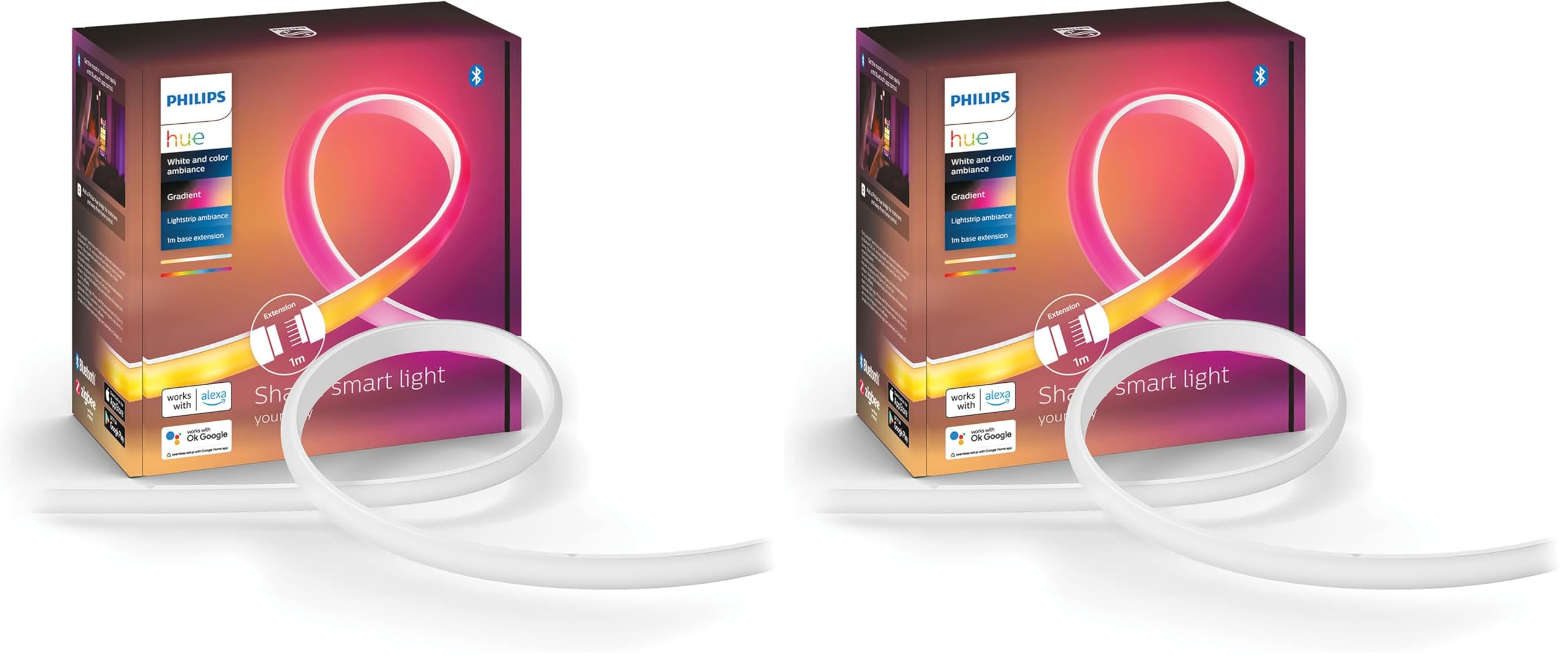 Philips Hue White and Color Ambiance Gradient Lightstrip, Striscia Led Smart, Estensione da 1 M per Kit Base da 2 Metri, Bluetooh, (Confezione da 2)