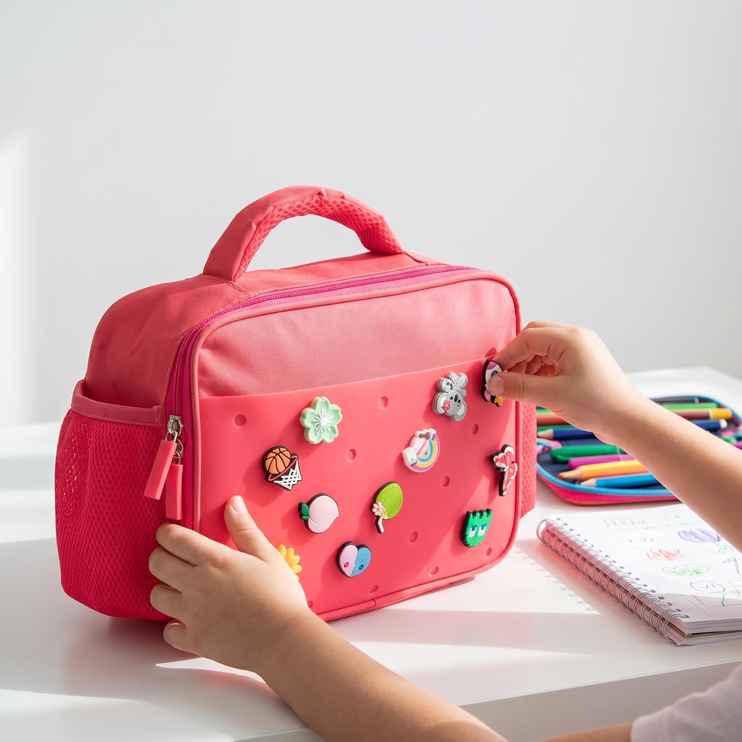 pVq Kids Insulated Lunch Bag with 10 Charms DIY Customizable Lunch Box for Boys & Girls, Leakproof Reusable Lunch Tote with Bottle Pocket for School Picnic & Travel (Red)