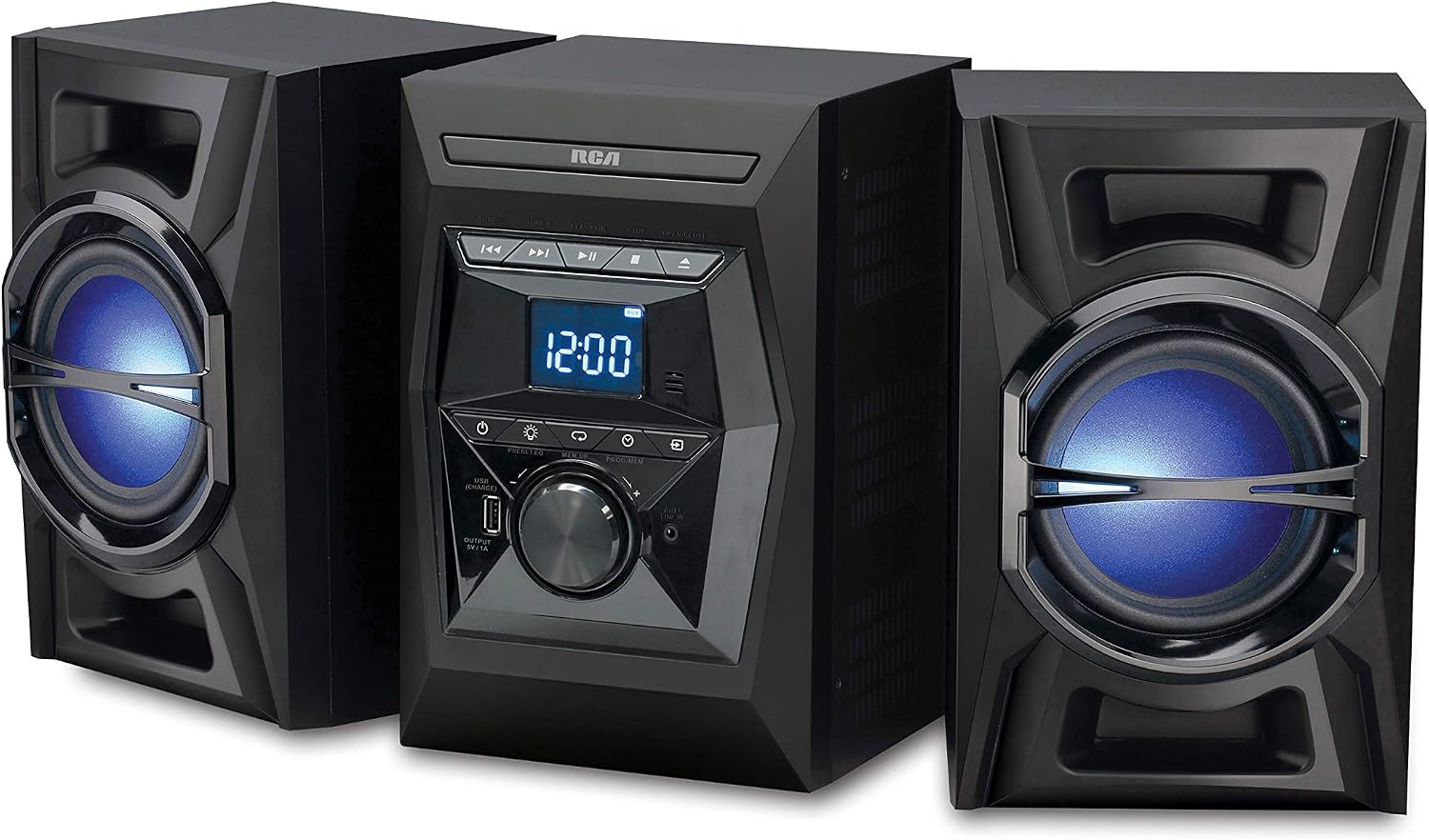 RCA (RS3698BL 100W CD Stereo Audio Shelf System with Bluetooth Receiver and Wireless Technology - Illuminated LED Speakers, Digital FM Tuner, USB Charging Port