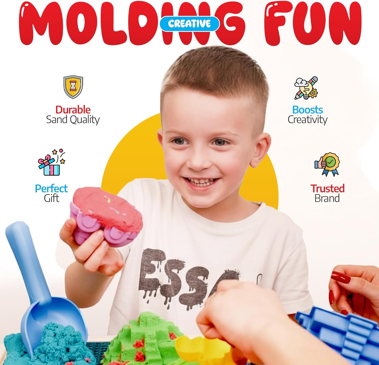 Sleepah Play Sand Sensory Sand Set for Boys & Girls Age 3 4 5 6 7 8 No Mess Never Dries Out Toy Perfect for Shaping Squeezing Scooping Rolling Molding – 31p Set 5 Colors Large Arts & Crafts Set Gift