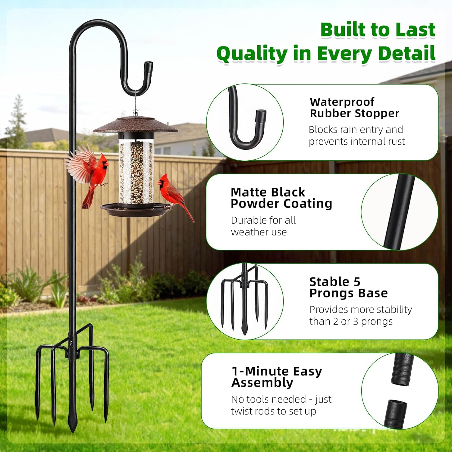 94" Heavy Duty Shepherds Hooks for Outdoor, Bird Feeder Pole with 5 Prong Base, Adjustable Height Shepherds Hook for Hummingbird Feeder, Bird Feeder, Plant, Wind Chimes,Lanterns,Wedding Decor (1 Pack)