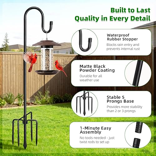 Miniatura 2 de Ganchos de pastor resistentes de 94 pulgadas para exteriores, poste de comedero de pájaros con base de 5 puntas, gancho de pastor de altura