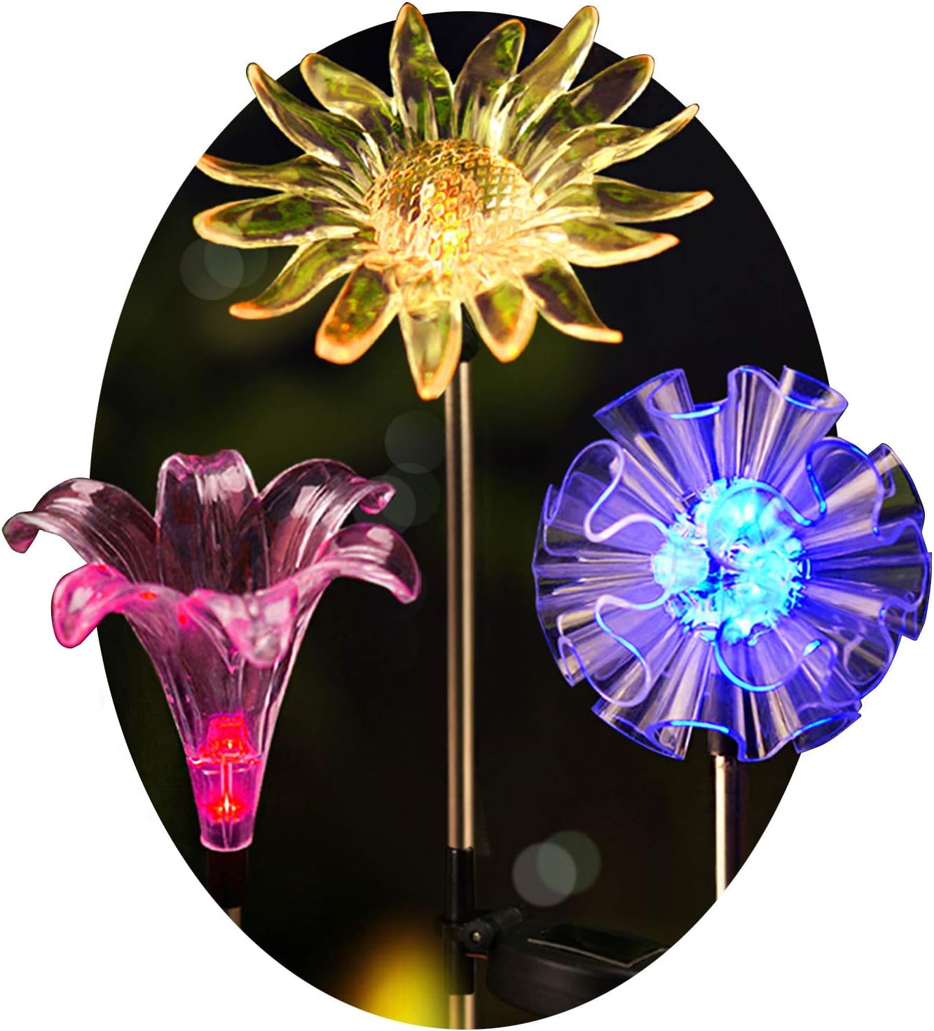 BRIGHT ZEAL BZ3 [Set of 3] LED Color Changing Solar Stake Lights Outdoor - Solar Light LED Garden Decor Statues (Dandelion, Lily, Sunflower) - Patio Lights LED Outdoor Multicolor Changing LED Lights