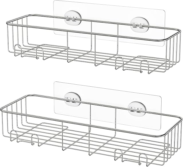 HEETA 2-Pack Shower Caddy, Adhesive Bathroom Shelf Organizer with Hooks, Rustproof SUS304 Stainless Steel No Drilling Wall Mount Shelf for Toilet, Bath and Kitchen