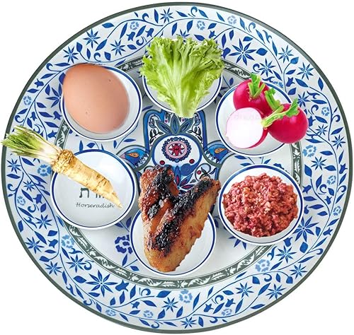 Miniatura 3 de Jessica Sporn - Juego de vajilla artística para Pascua Seder, diseño floral de hamsa, de porcelana de calidad, bandeja cuadrada de matzah, cubierta
