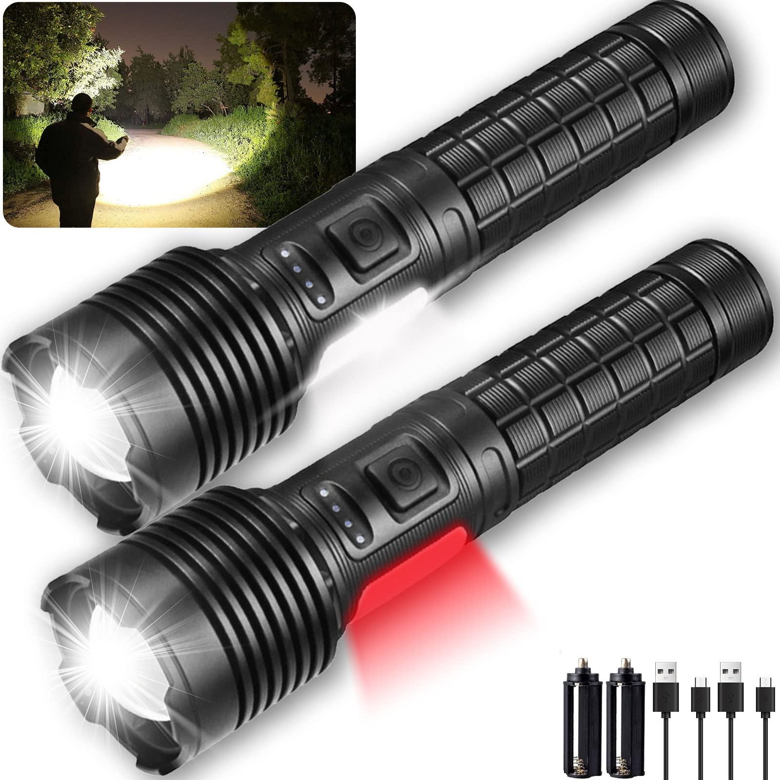 SwanlakeRechargeable Torch Led Super Bright Flashlight,XHP70 USB Tactical Torch, 90000 Lumens Powerful Zoomable Flashlight Torch for Walking,Camping,Hiking,Emergency(2Pack)