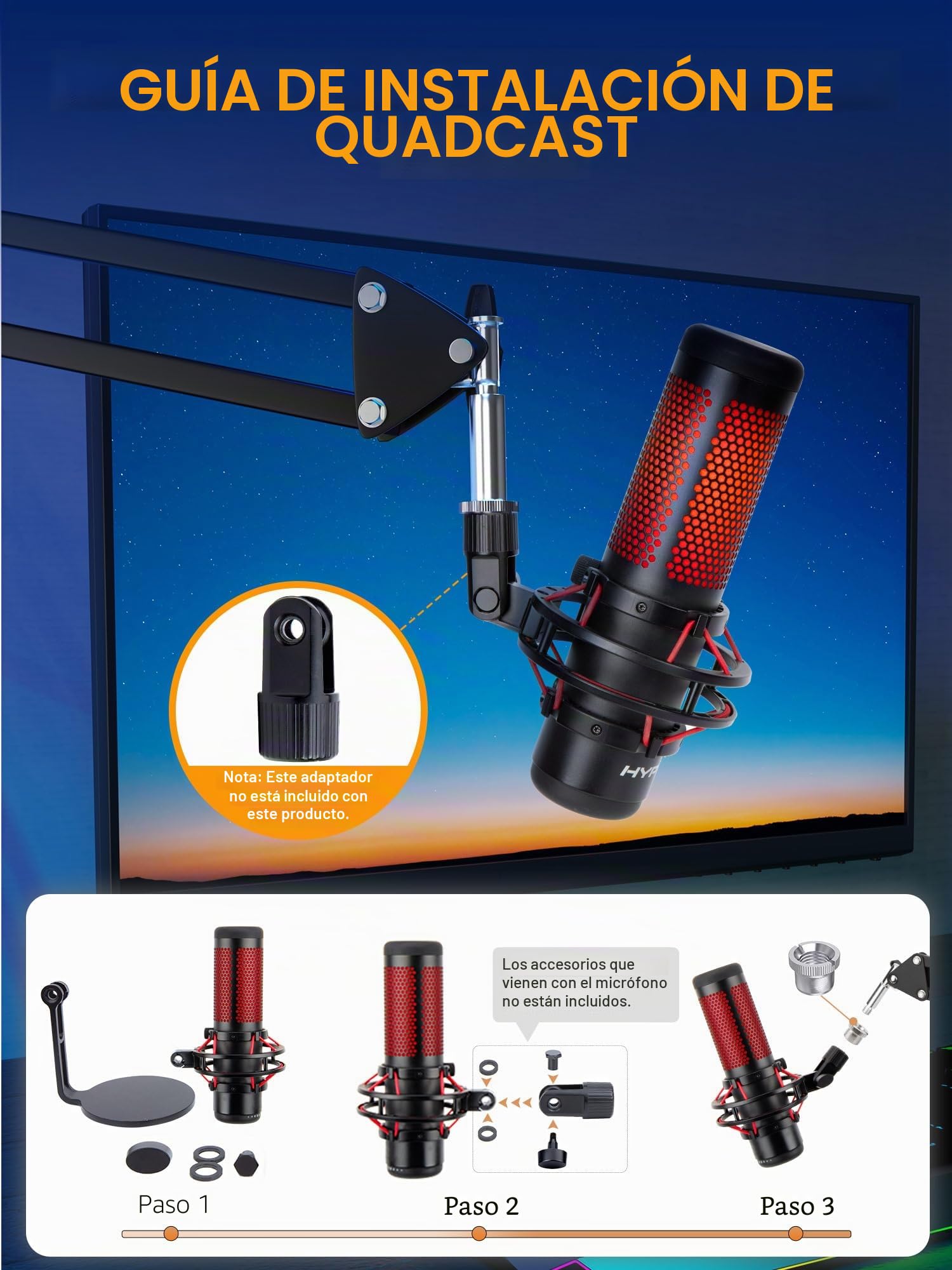 SUNMON HyperX QuadCast Brazo Micrófono con Clip de Escritorio, Bandeja para Cables, Soporte Universal para Micrófono de Metal, Soporte Microfono para Podcast, Gaming, Grabación