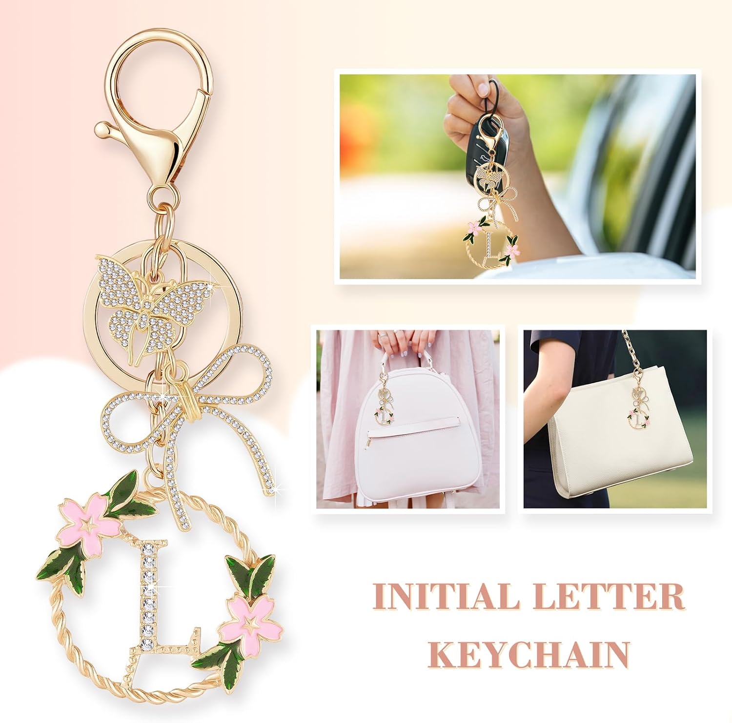 Gold Heart Initial Letter Keychain for Women Key chain Keyring for Purse Handbags Backpack Charm image 2