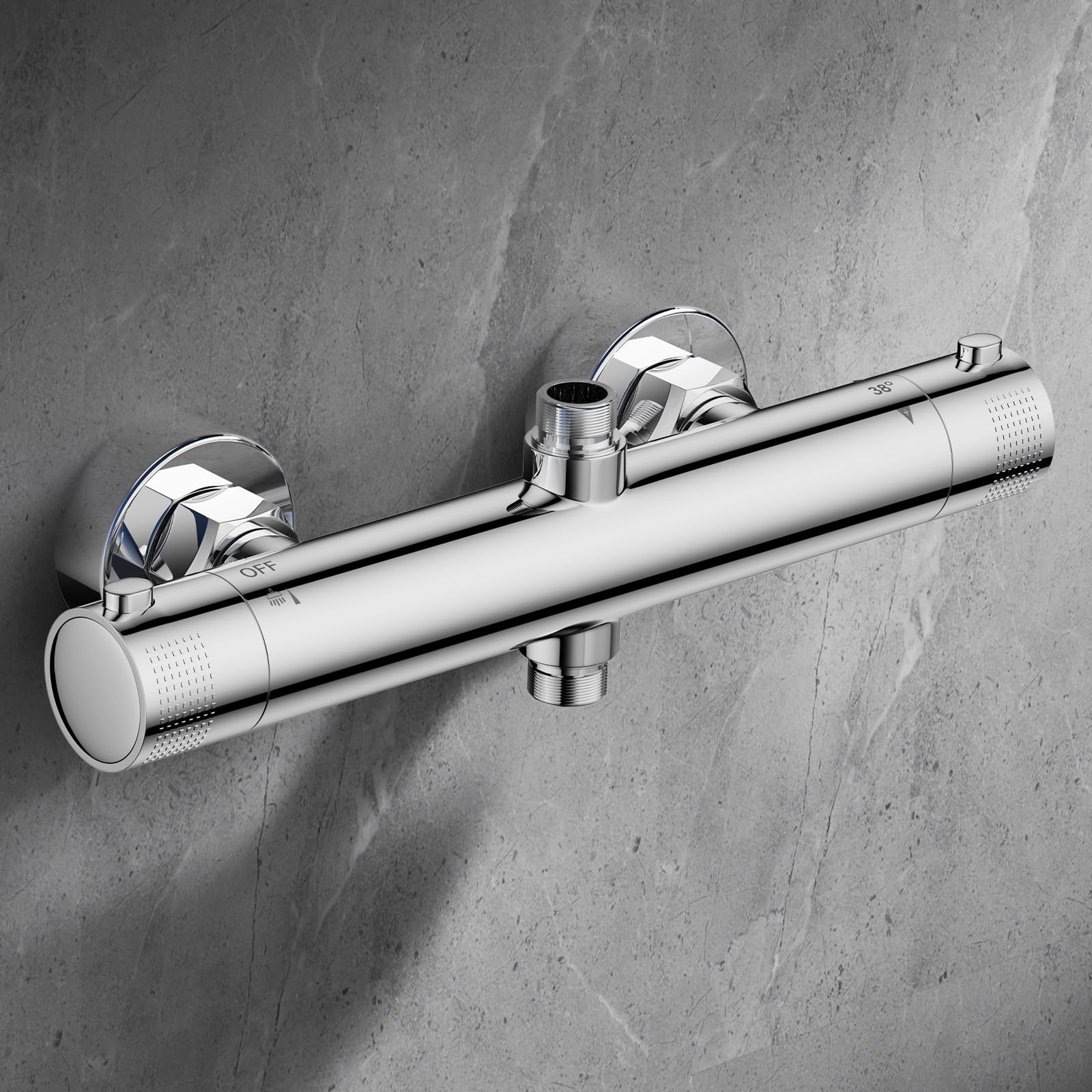 Ronvie Thermostatic Shower Mixer Bar - Two Outlet Wall-Mounted Brass Valve, 38°C Safety Lock & Cool Touch Surface with 1/2" G Top & Bottom BSP Connections, Chrome Finish (Round)