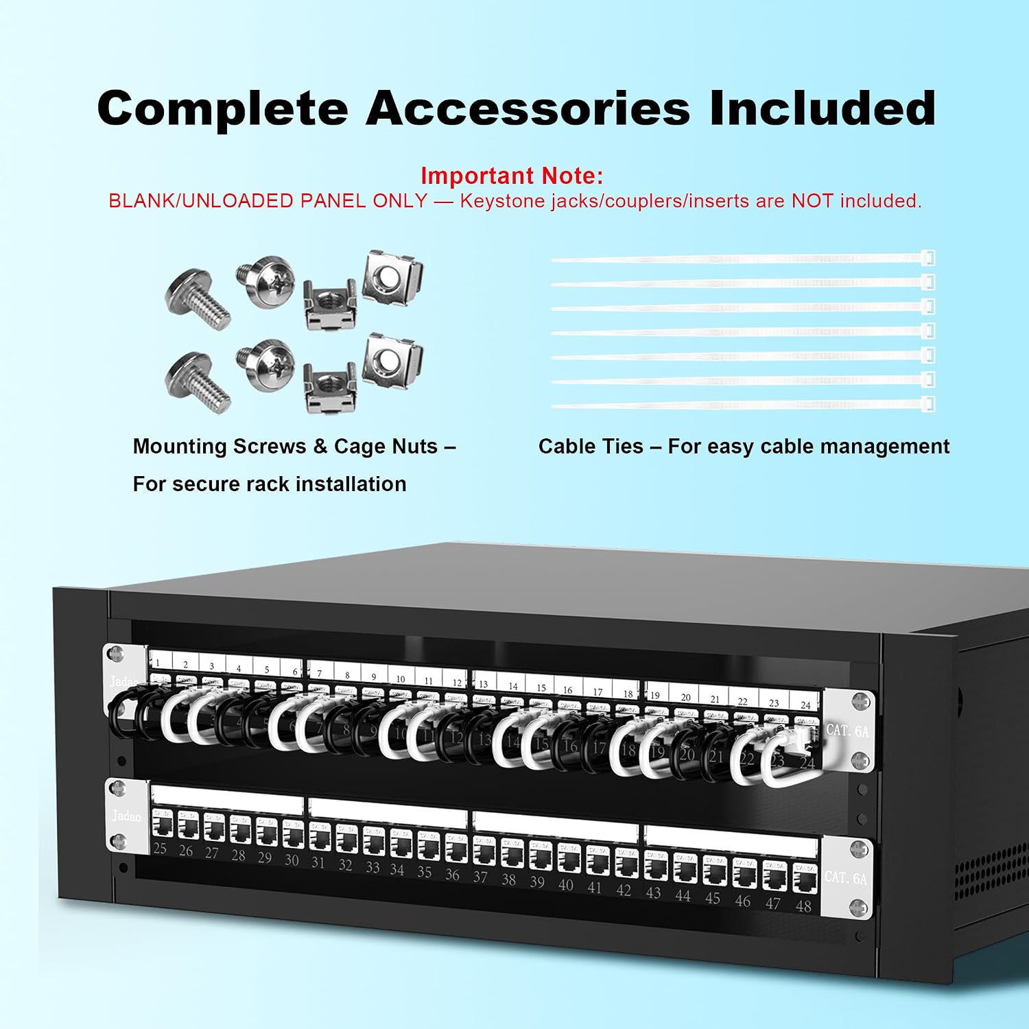Jadaol 19” 1U Shielded Blank Patch Panel, 24-Port Rack Mount Keystone Panel for Cat6/Cat6a, HDMI, Coax, Fiber & Audio – Metal Frame (No Keystone Jacks Included)