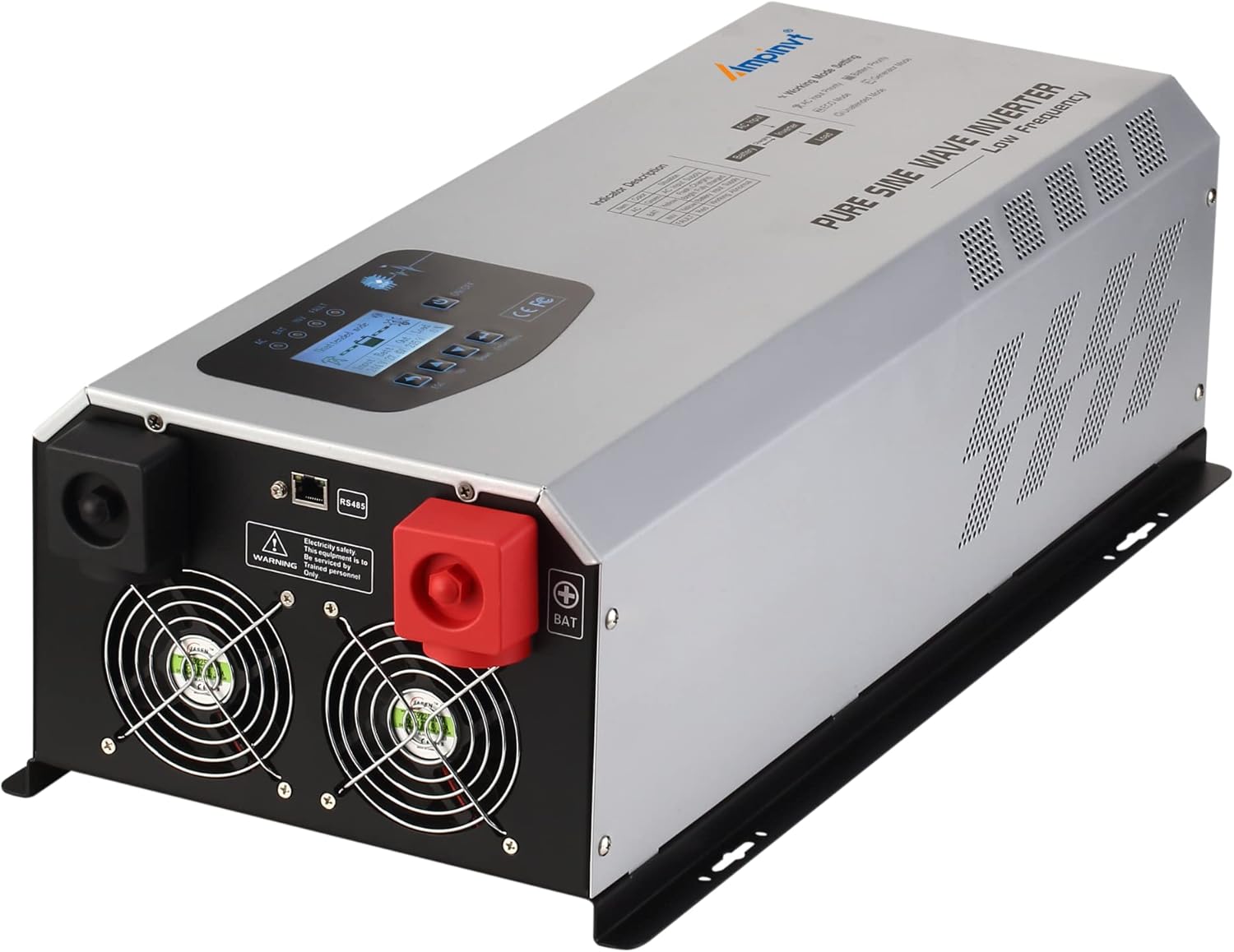 Strona view z Ampinvt inverter with battery terminals and cooling fans