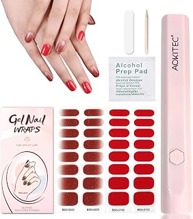 Aokitec UV Light with Semi Cured Gel Nail Strips - 32pcs Gel Nail Wraps(2 * 16pcs), Long Lasting, Adhesive Strips with mini UV LED Lamp for DIY manicure, Red Series