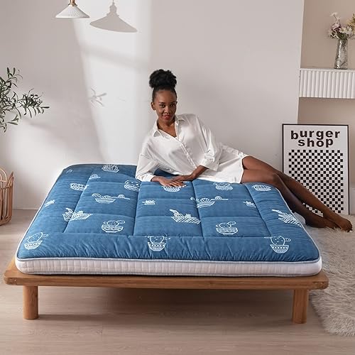 Miniatura 9 de MAXYOYO Colchón Futón de Tamaño Completo con Patrón de Cactus Gris, Cubrecolchón Acolchado para Cama, Almohadilla de Dormir Plegable Extra Gruesa,