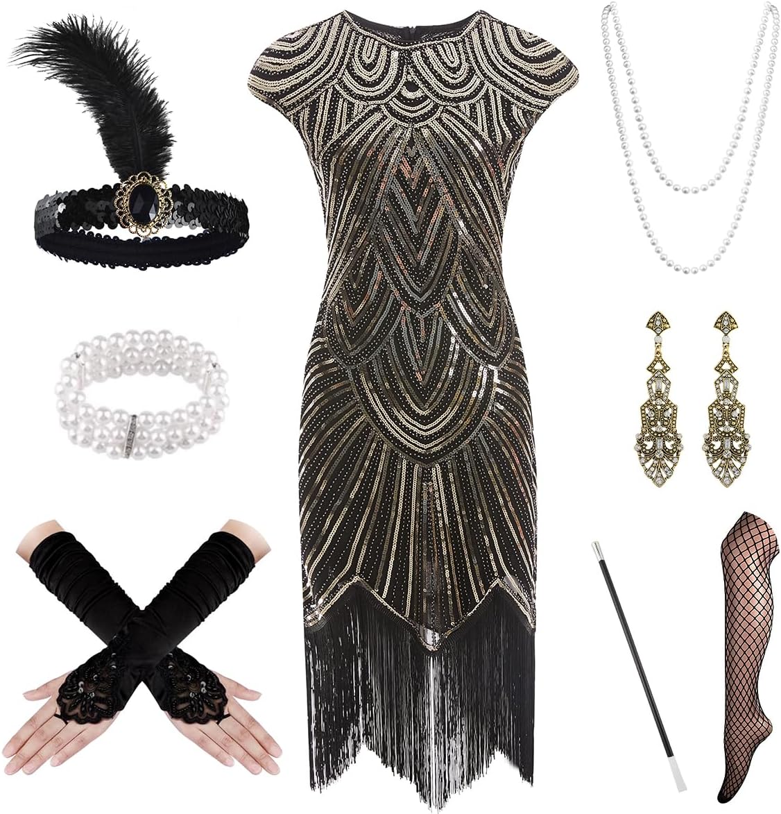 WILDPARTY1920s Women Flapper Dresses Sequin Dresses Vintage Lace Fringed Cocktail Dress with 20s Accessories Set