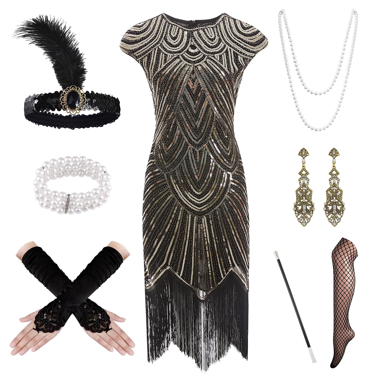 WILDPARTY1920s Women Flapper Dresses Sequin Dresses Vintage Lace Fringed Cocktail Dress with 20s Accessories Set