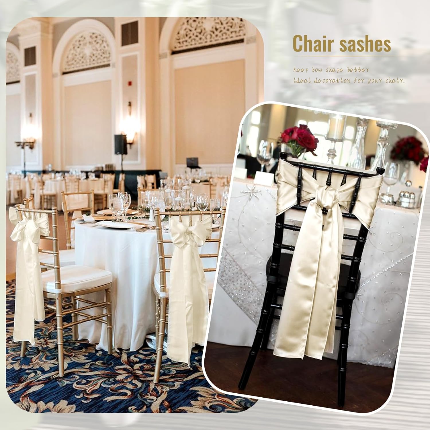 Showgeous 120 PCS Ivory Satin Chair Sashes Bows Decoration Chair Cover Chair Sash Ties for Banquet Party Baby Shower Event Decorations (Ivory, 7 x 108 inch)