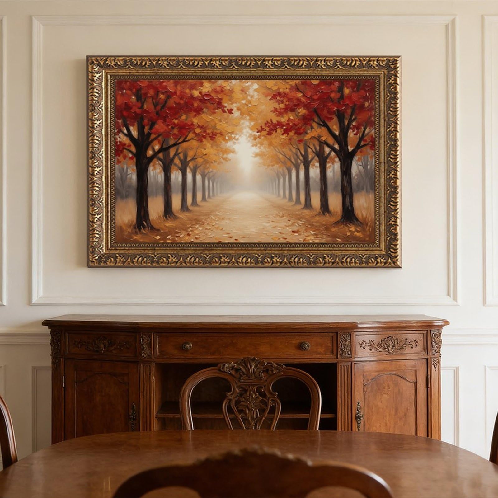 Mnyuein Póster de paisaje de bosque otoñal, 3 lienzos, decoración de pared, pinturas para sala de estar, dormitorio, marco dorado retro, 61 cm de largo x 91 cm de ancho