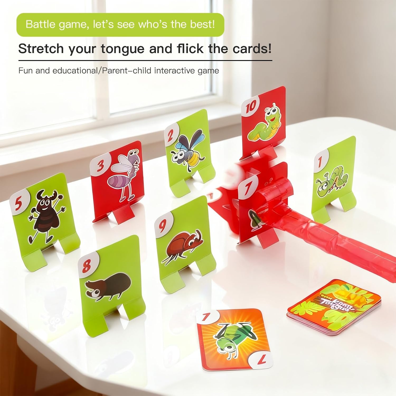 Chameleon Tongue Shooting Game, Funny Chameleon Tongue Shooter Toy with Frog Face Masks, Multiplayer Party Game for Kids with Blowing Tongue and Insect Card Targets for Family Fun & Gifts (green-4pcs)