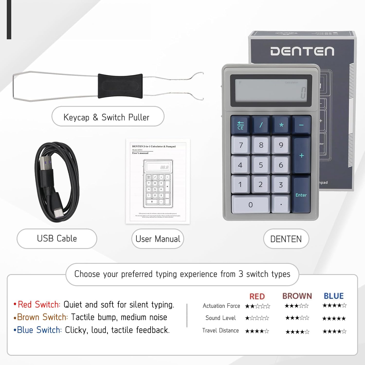 DENTEN 2-in-1 Calculator & Numpad Wireless Mechanical Numeric Keypad with Calculator Function Bluetooth Connectivity Type-C Charging (Red Switch)