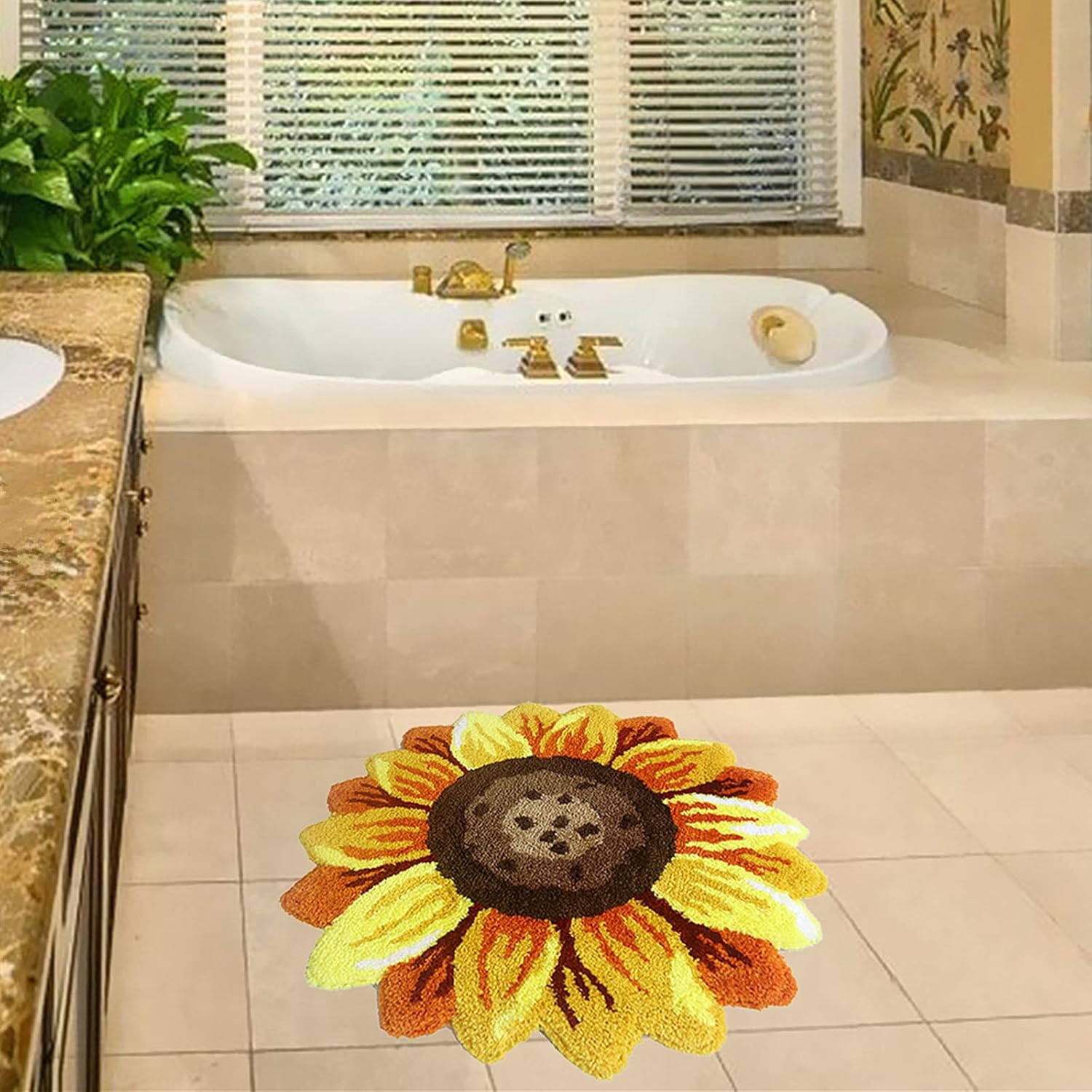 UKELER Sunflower Bath Rug for Bathroom 2' Washable Soft Flower Area Rugs Kitchen Mat Non Slip Absorbent Bath Mat, Yellow