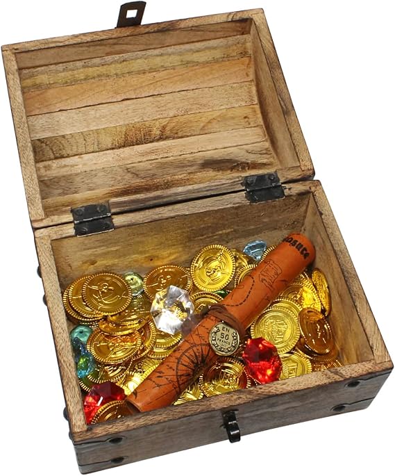 Wooden Pirates Treasure Chest Box Pirate Treasure Map and Gold Coins/Gems