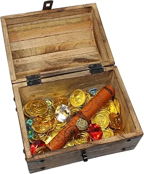 Wooden Pirates Treasure Chest Box Pirate Treasure Map and Gold Coins/Gems
