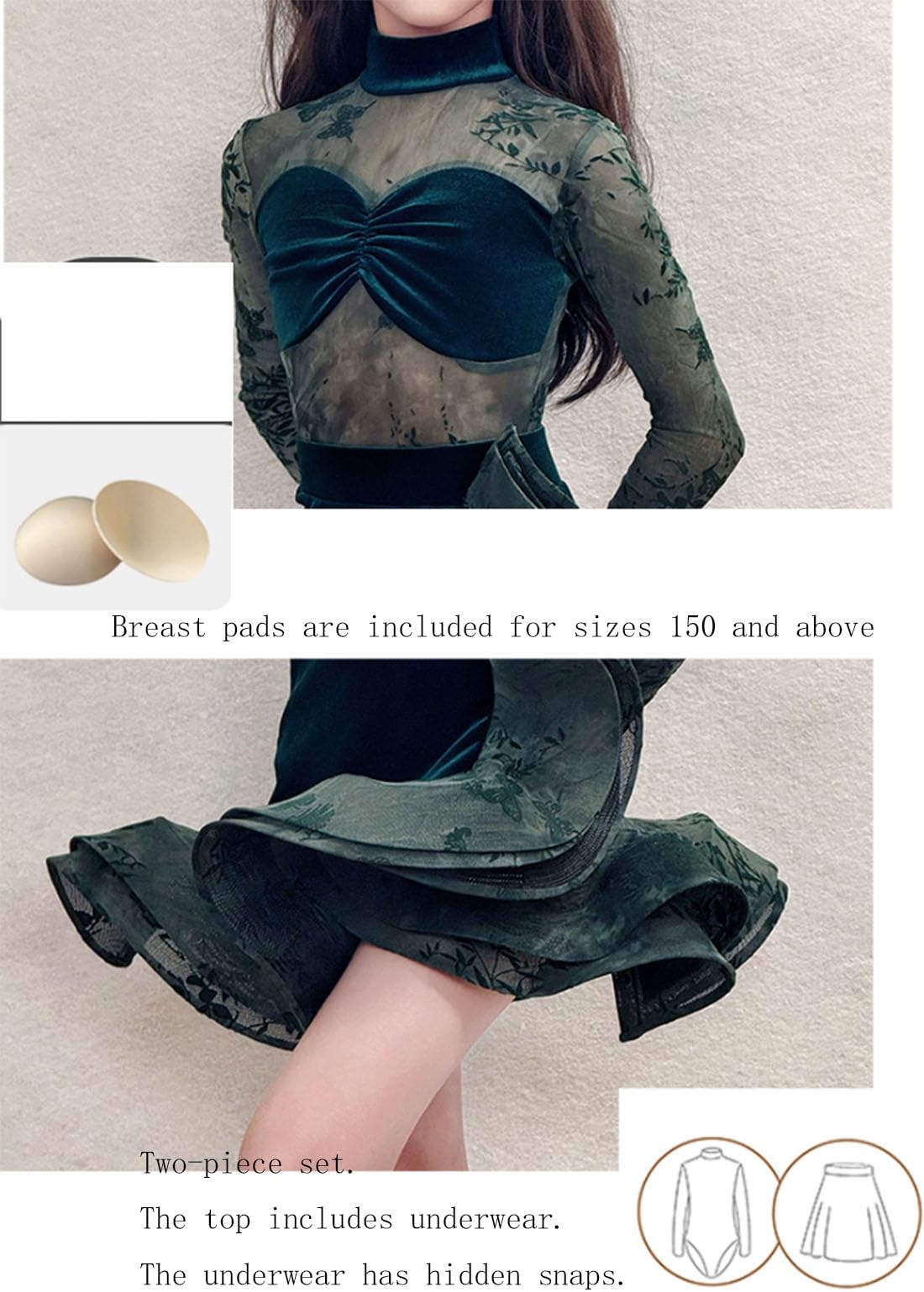 Robe À Franges pour Fille Manches Longues en Velours Tenue De Danse pour Enfant Jupe De Bal Robe De Spectacle pour Entraînement et Spectacle(150cm)