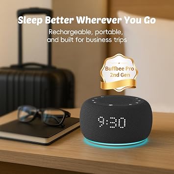 Buffbee Pro 2nd Gen Upgraded Rechargeable Battery | 3-in-1 White Noise Machine for Sleep, Alarm Clock & Bluetooth Speaker, 25 Sleep Sounds, Portable for Travel & Bedroom