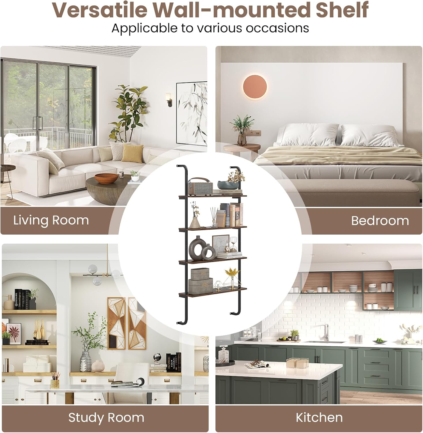LOKO Industrial Wall-Mounted Bookshelf, 4-Tier Wall Display Bookshelf with Heavy-Duty Metal Frame, Hanging Wall Ladder Bookshelf for Living Room, Study, Bedroom, Kitchen (1,Rustic Brown)