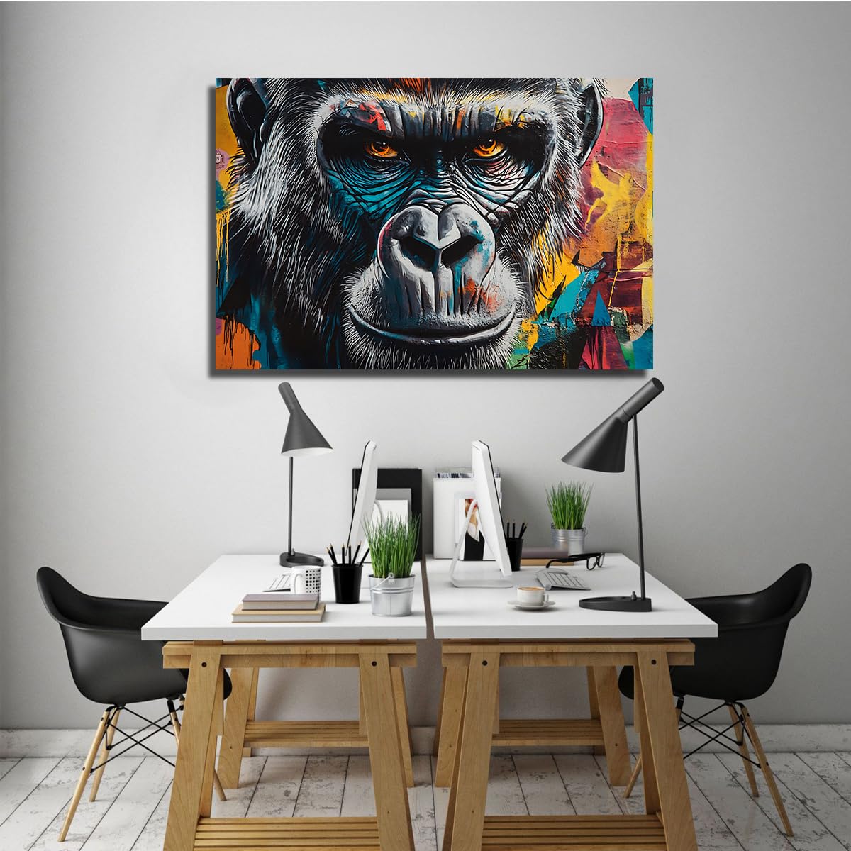 SHENGPOSTER Graffiti styl graffiti goryl zbliżenie twarzy obraz na płótnie plakat do salonu estetyczna dekoracja domu gotowy do powieszenia 80 x 112 cm rama wewnętrzna