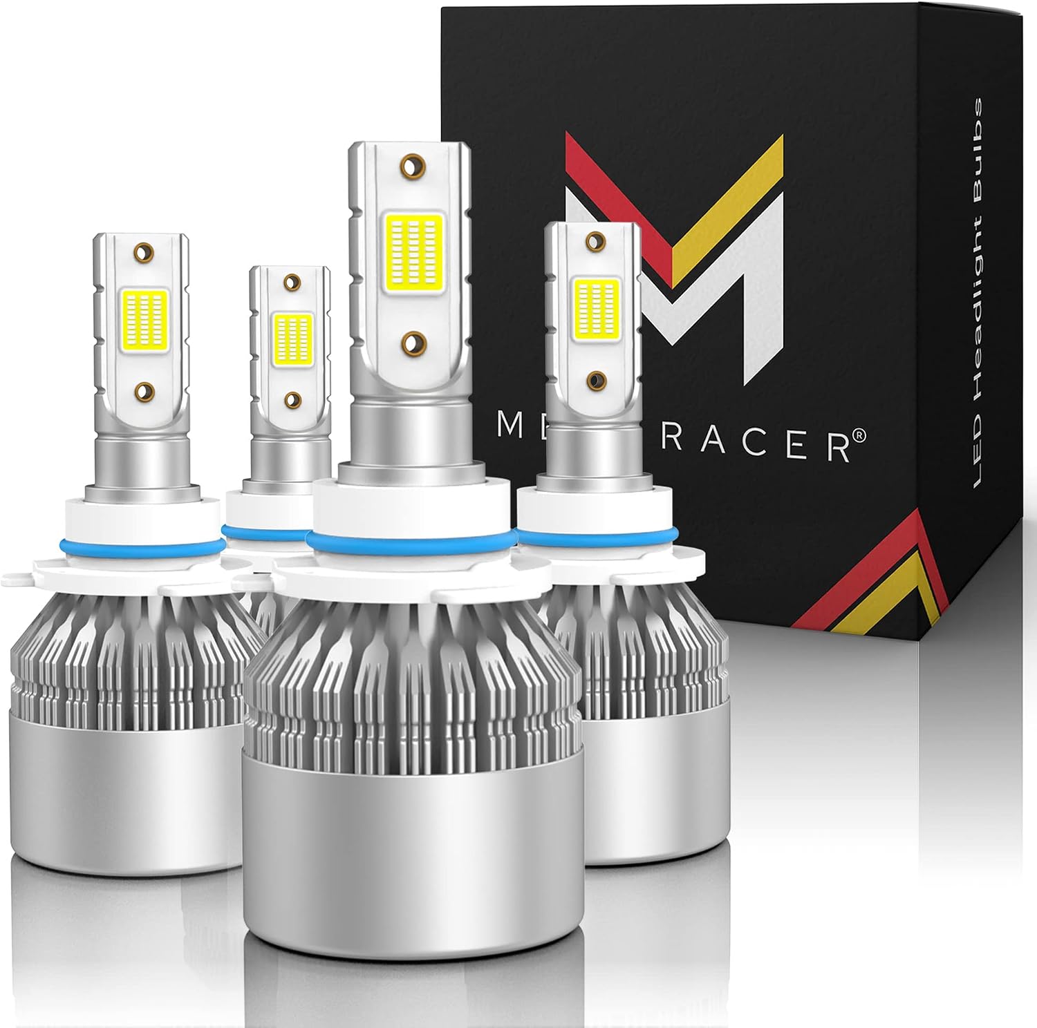Mega Racer 9005 9006 LED Headlight Bulbs Combo - 6000K Diamond White, 12V 40W 8000 Lumens, LED Chips, IP68 Waterproof Rated, Automotive Replacement Bulb for Low Beam & High Beam, Pack of 4