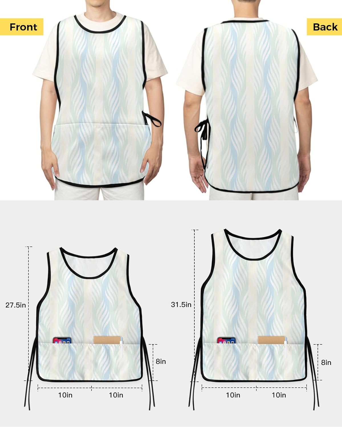 Modern Abstract Cobbler Aprons with 2 Pockets for Women Men, Minimalistic Geometric Stripes Blue Cream