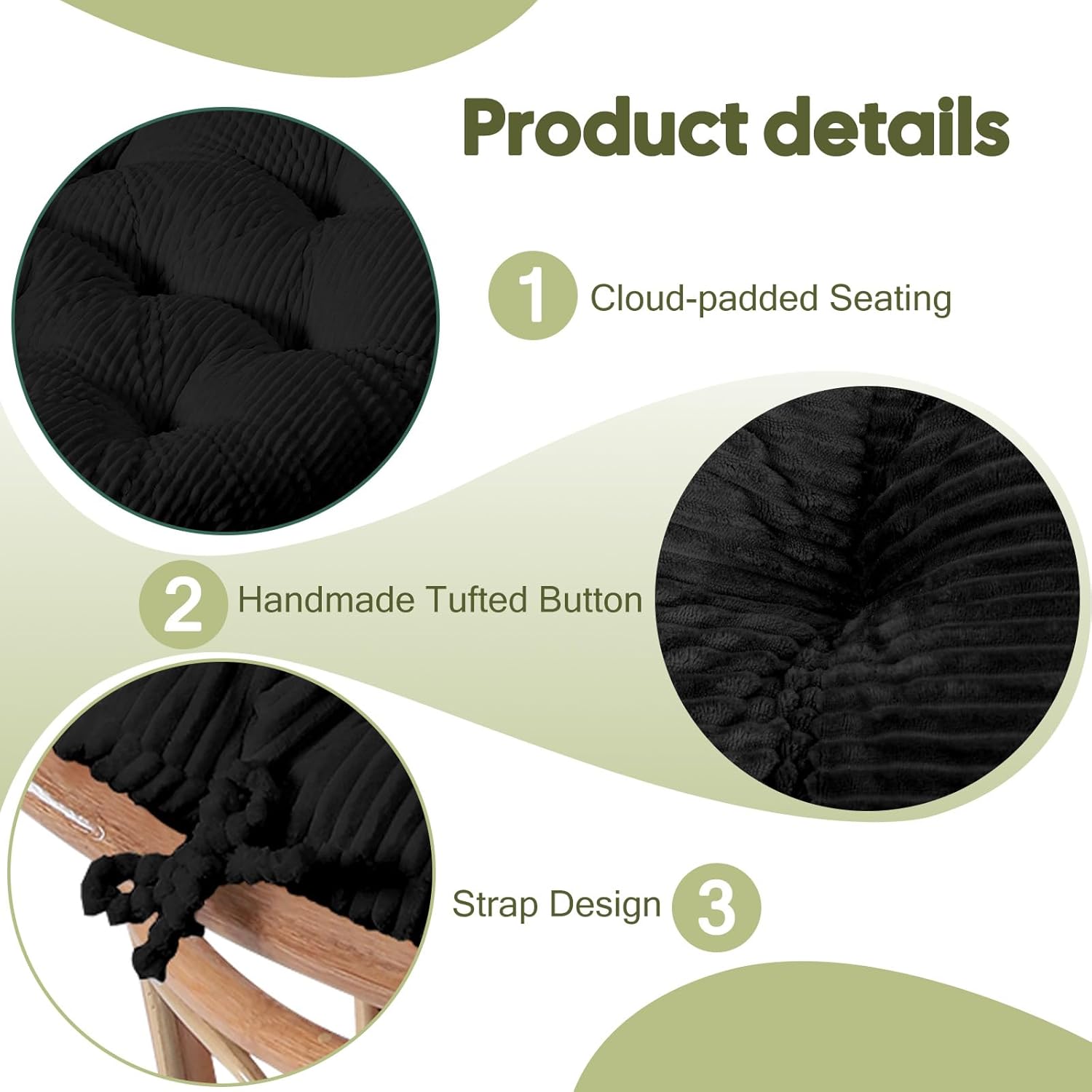 Papasan Chair Cushion, Papasan Circle Chair Cushion Tufted with Corduroy Cover (Without Chair) for Bowl Chair, 45 X 45 Inch, Black