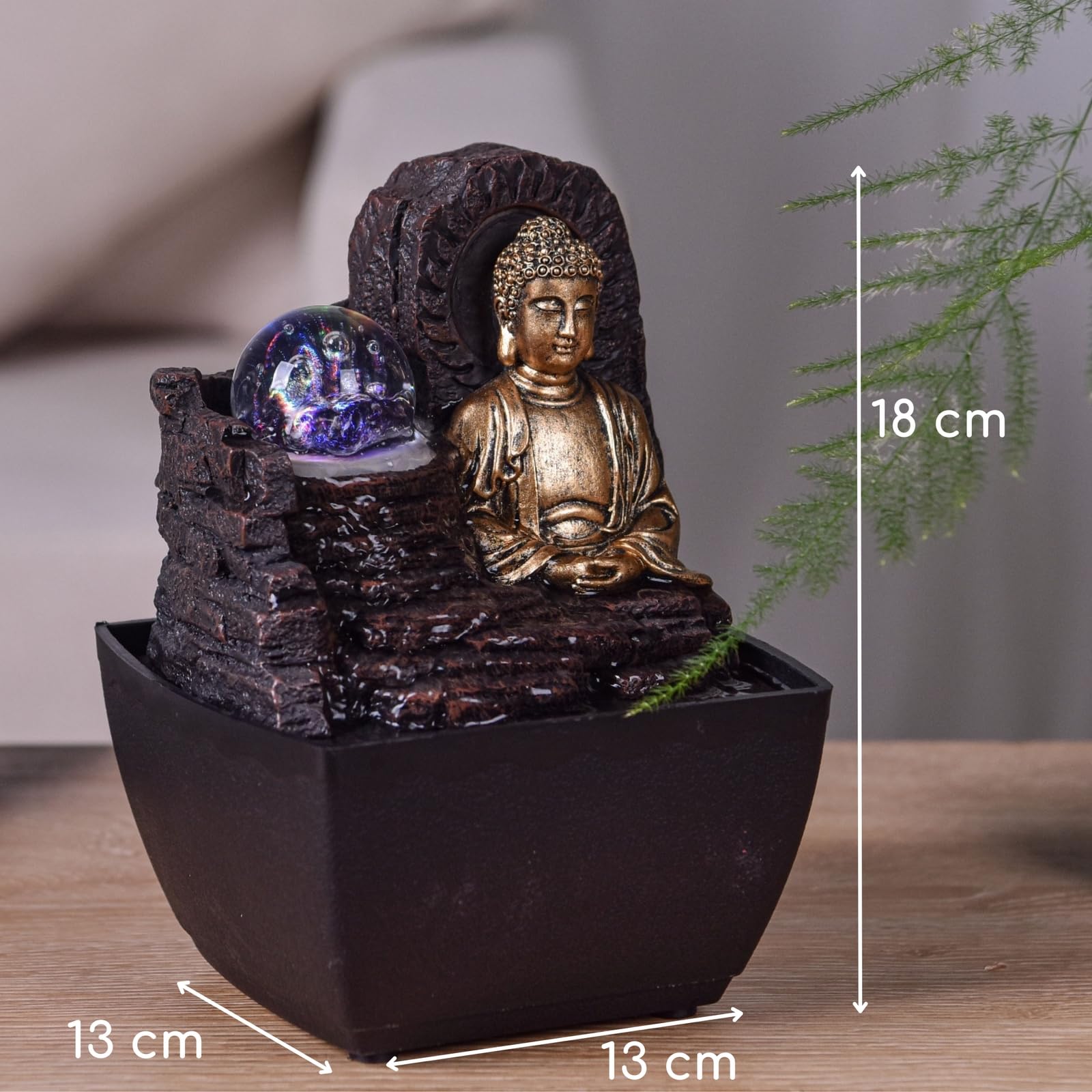 Fontanna Zen Budda Kolorowe światło LED - Dekoracja Zen Spirit - Obiekt szczęścia Feng Shui - Fontanna stołowa - Inteligentny i przydatny pomysł na prezent w niskiej cenie - wys. 18 cm - Theravada