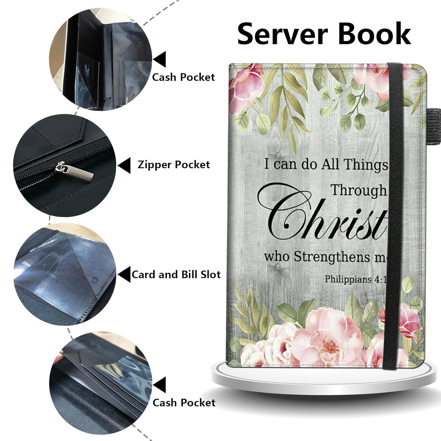 Server Book for Waitress & Waiter 9" x 5" Serving Books Organizer with Zipper Money Pocket Restaurant Guest Check Book Pen Holder Wallet Note Pads Fit Server Aprons,Bible Verse Philippians 4-13