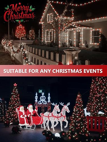 Miniatura 6 de Paquete de 4 luces solares rojas y blancas de Navidad para exteriores, impermeables, 400 luces LED de 132 pies, luces solares de hadas de alambre