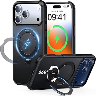 360 Spin Magnetic Stand (Pro-Version) for iPhone 17 Pro Max Case (Compatible with MagSafe) [Military Drop Protection] Matte Translucent Shockproof Protective Phone Case 6.9'', Black