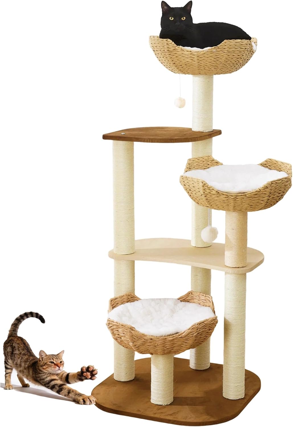 Cat Tree Tower, Modern Cat Tree with Hand-Woven Basket Nest, Sisal Posts, Extra Large 54 Inch Heavy-Duty Multi-Level Indoor Wood Tower