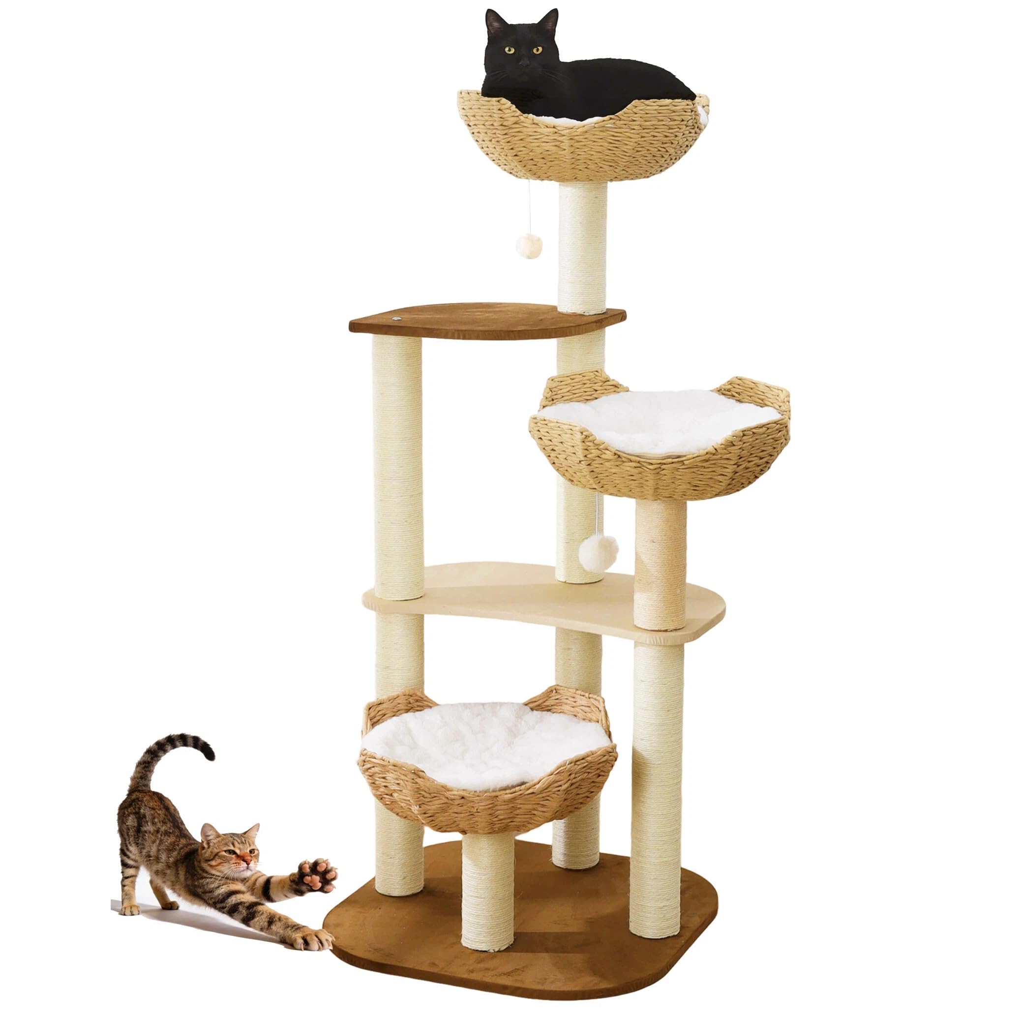 Cat Tree Tower, Modern Cat Tree with Hand-Woven Basket Nest, Sisal Posts, Extra Large 54 Inch Heavy-Duty Multi-Level Indoor Wood Tower