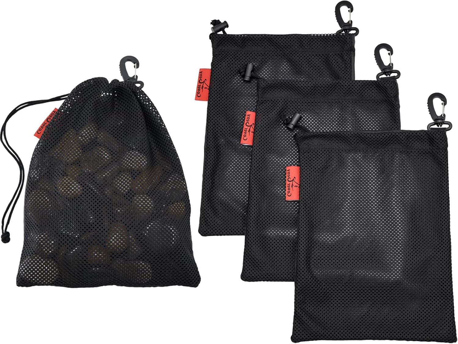Mesh Foraging Bags with Clip, 4 Pack Drawstring & Toggle Closure Foraging Pouch for Rock Collecting, Mushroom Hunting, Beachcombing, Fastening Hook Nylon Harvesting Pouch for Adults Women