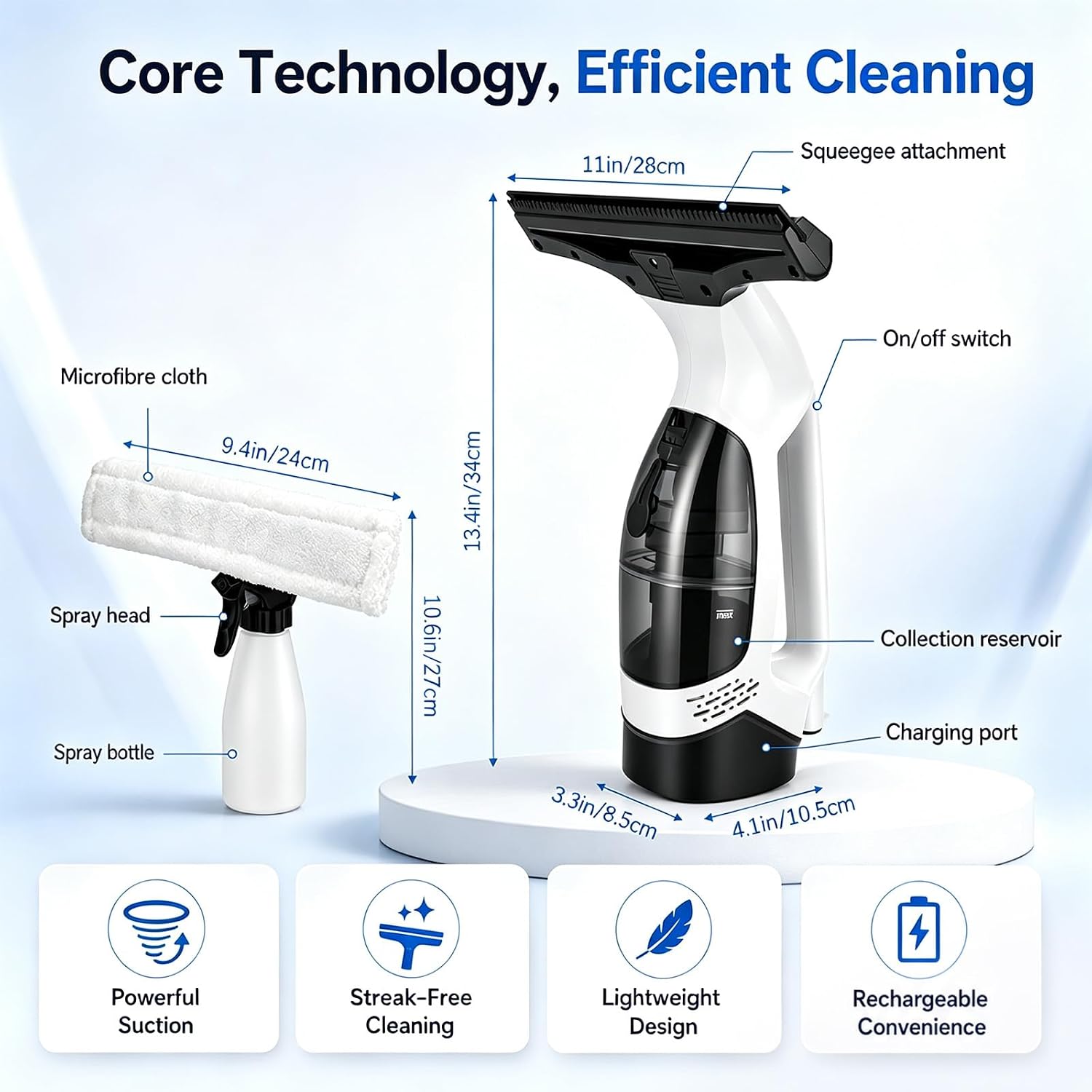 Window Vacuum Squeegee Cordless, 2000Pa Electric Window Cleaner Tool, 150ml Tank, 2200mAh Electric Window Glass Squeegee 280mm Wide Blade, 150ml Tank, Window Cleaning Kit for Glass Mirror Tile Car