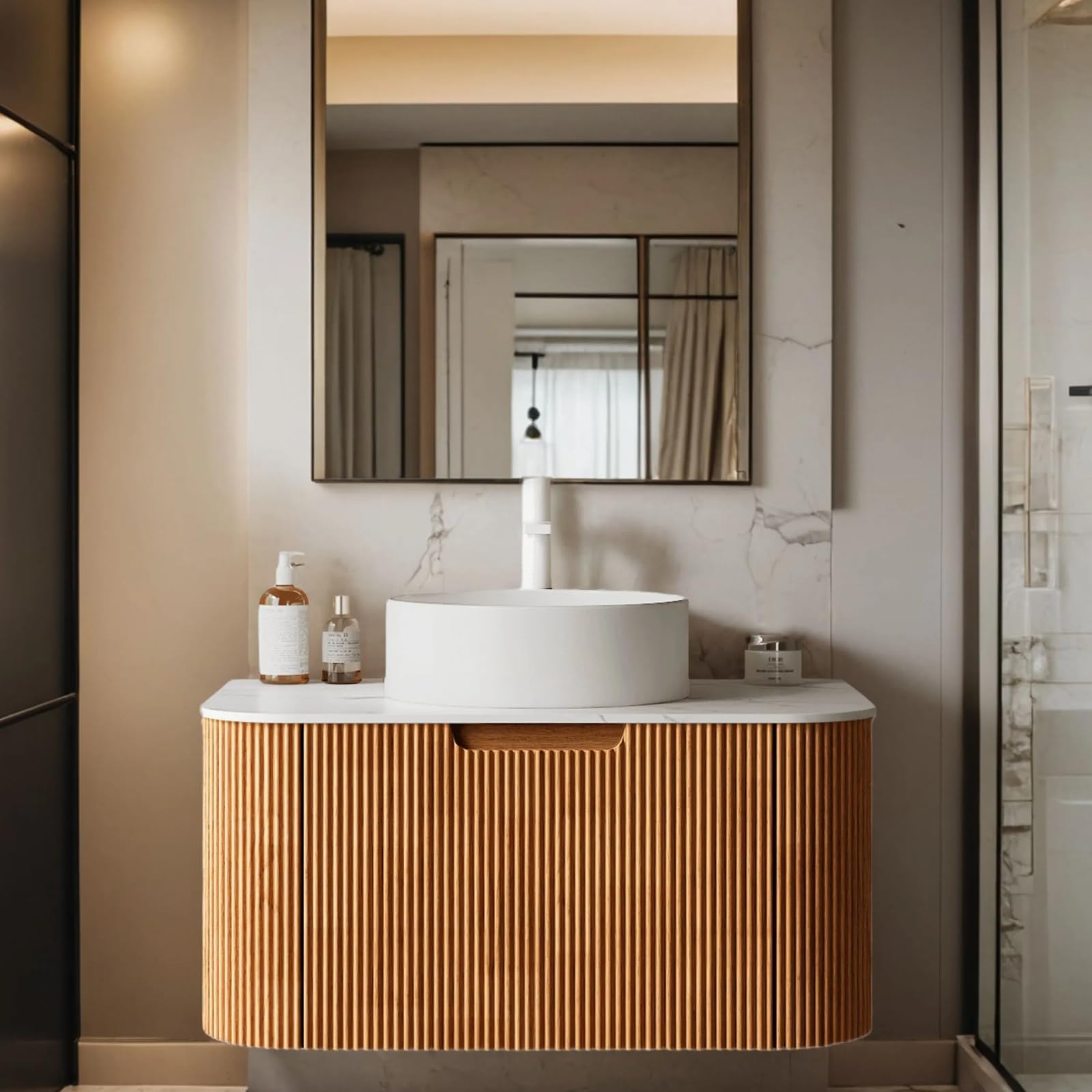 30 inch Bathroom Vanity with Sink, Floating Cabinet with Ultra-Thin Ceramic Basin and Marble Top, Extra Large Storage Drawer, Soft-Close Design, Nature Wood