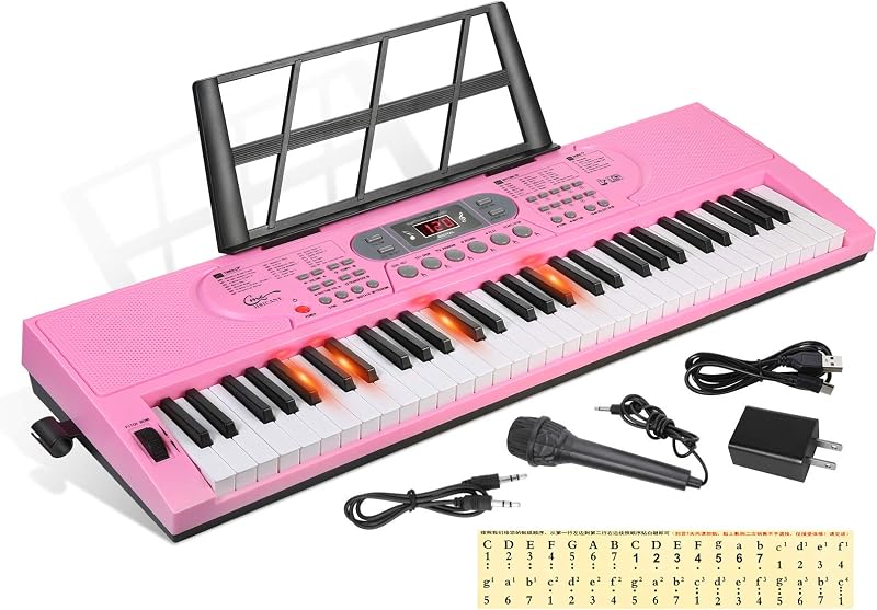 Keyboard Piano Lighted Keys for Beginner Adults Teens Kids, 61 Key Electronic Music Keyboard with Teaching Modes Powered by USB or Battery with LCD Display Microphone Headphone Jack