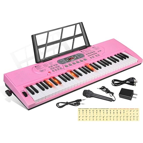 Hricane Keyboard Piano Lighted Keys for Beginner Adults Teens Kids, 61 Key Electronic Music Keyboard with Teaching Modes Powered by USB or Battery with LCD Display Microphone Headphone Jack