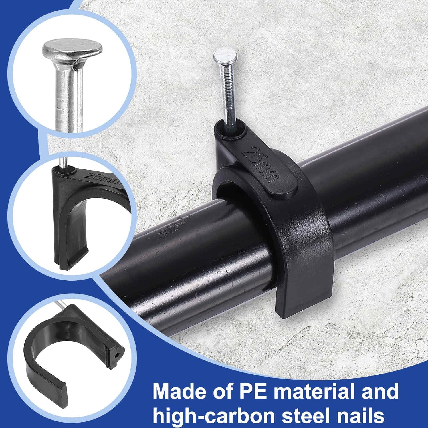 HARFINGTON 60pcs Cable Clips with Nail 4mm ID Circular Single Half Clamp J-Hook with Nail Cord Clips for Wires on Wall for Ethernet Tacks Coax Pex Tubing Pipe Support, Black