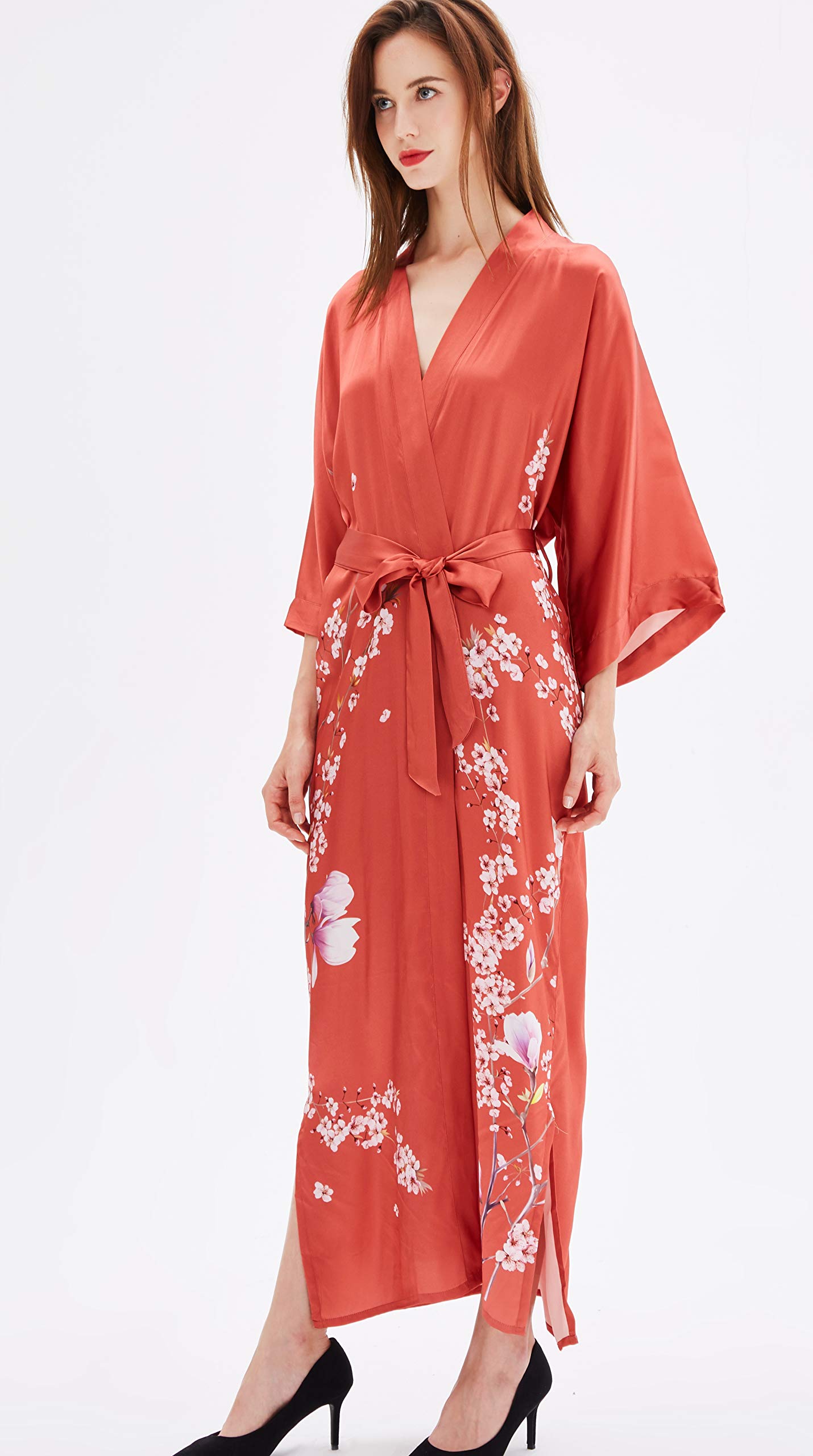 Damen Kimono Morgenmantel aus 100% Seide – Bodenlange Yukata Robe, Einheitsgröße, luxuriöses Hauskleid im japanischen Stil mit Gürtel