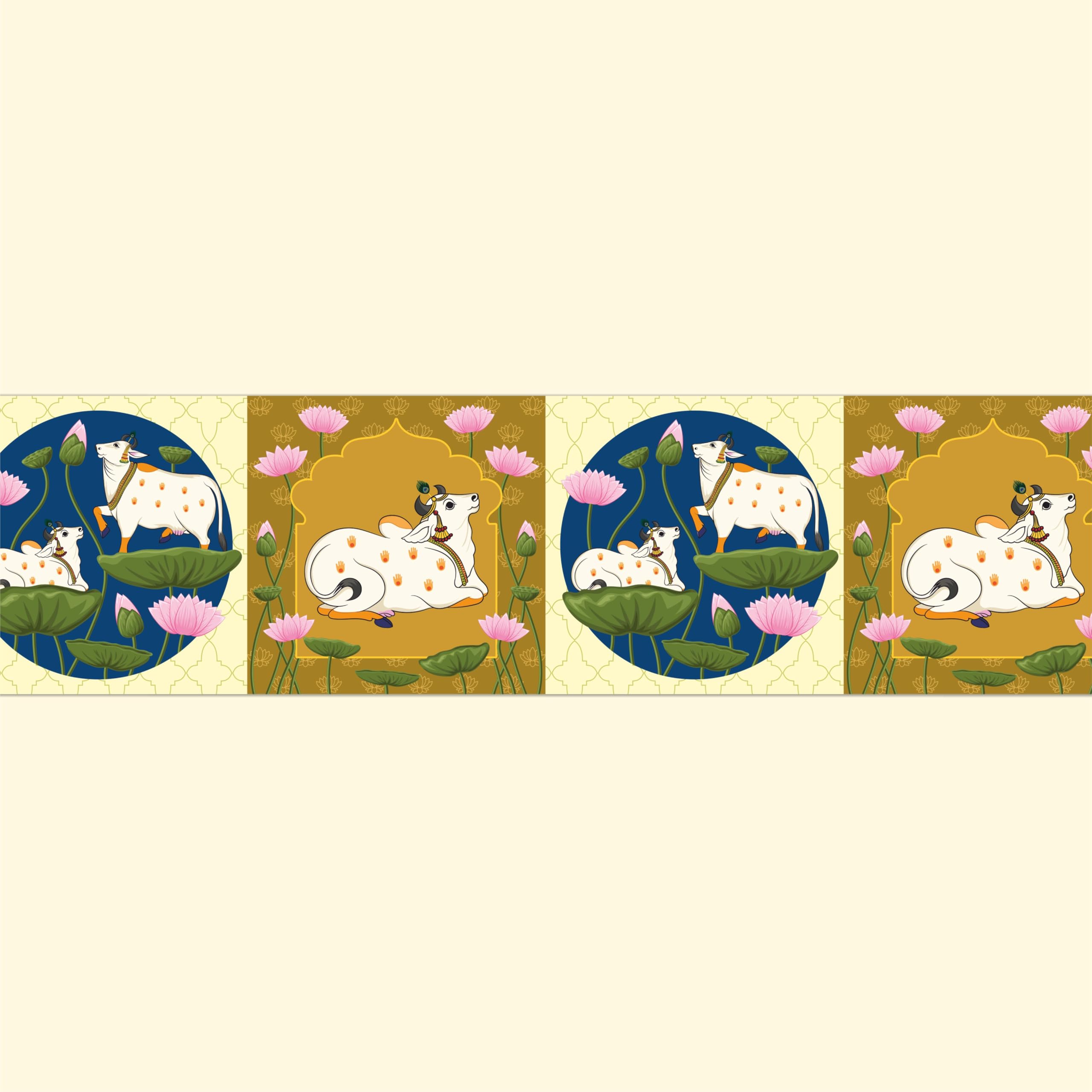 ATTRACTSO - Cow Pichwai Wall Border Peel & Stick 10 feet x 6 inch | for Home Decor, Tiles, Kitchen, Door Entrance, Floor Decoration - Vinyl matt Finish Laminated Waterproof Sticker Roll (Design 3)